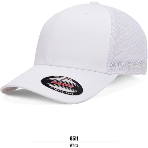 A white trucker cap with a mesh back and a logo on the front.