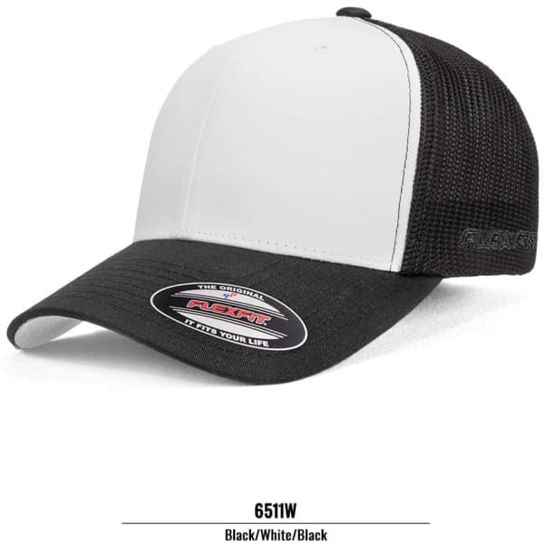 A black and white trucker cap featuring a mesh back and a branded logo.