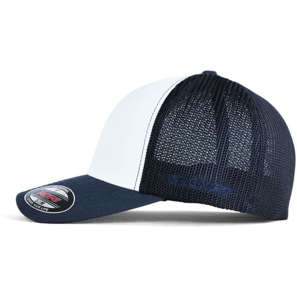 A navy and white trucker cap with a mesh back and a logo on the front.