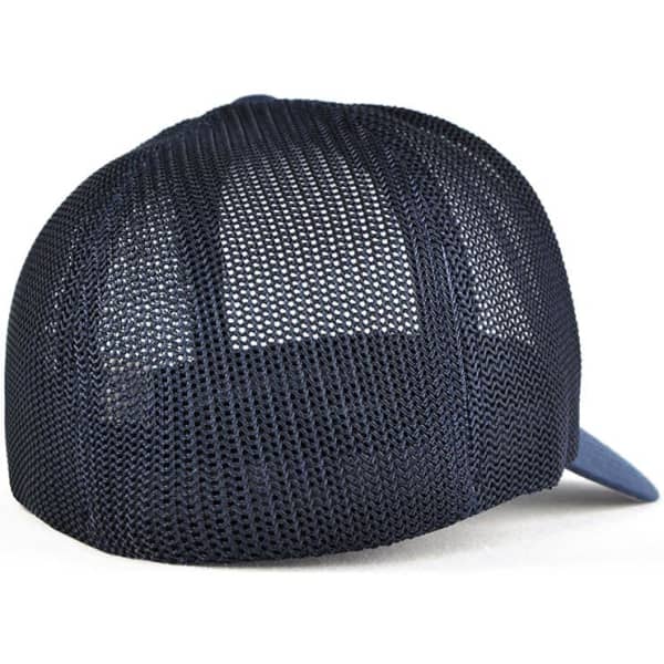 A navy blue trucker cap featuring a mesh back and a solid front panel with a logo.