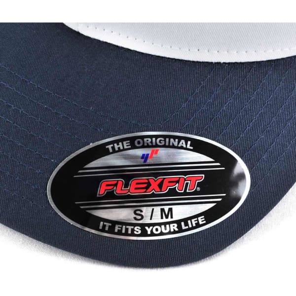 A navy trucker cap featuring a white front panel and a logo on the side.
