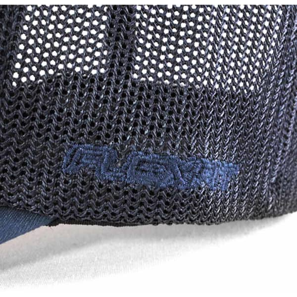 A navy trucker cap with a mesh back and a branding logo on the side.