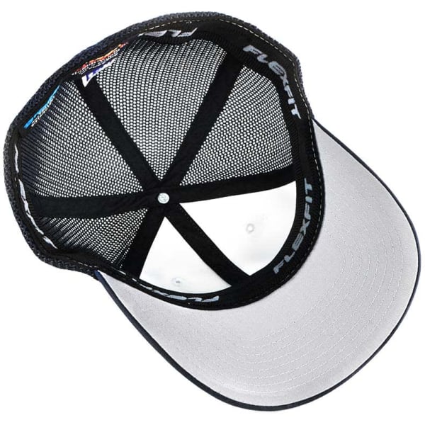 A black trucker cap with a mesh design and a white underside to the brim, featuring a logo.