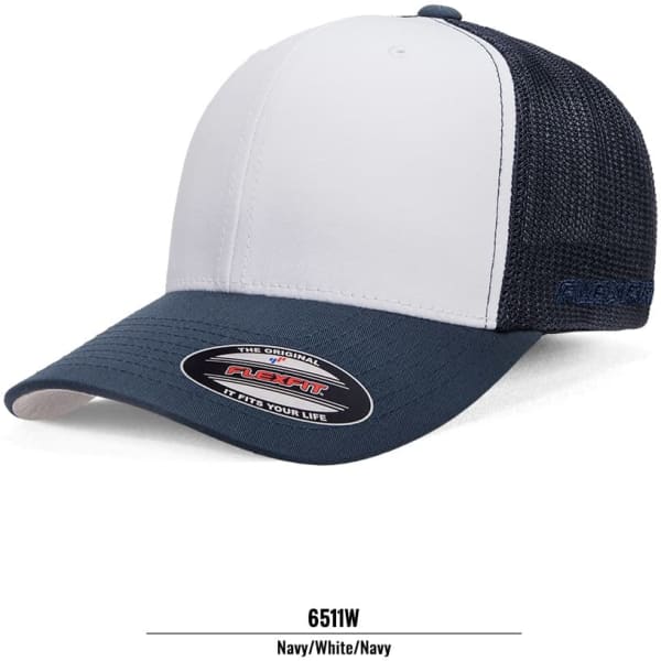 A navy, white, and navy trucker cap with a mesh back and a logo on the side.