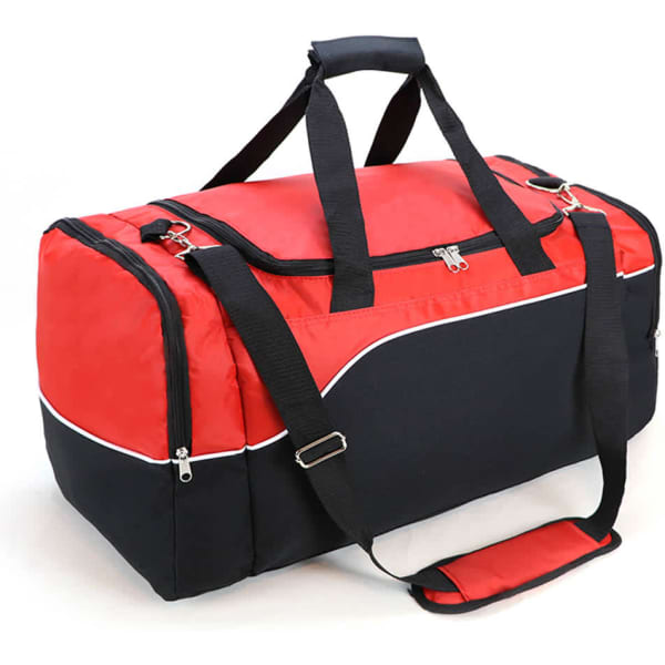 A red and black duffle bag features dual handles, a shoulder strap, and a zippered compartment. It has a logo.
