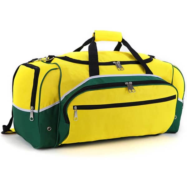 A yellow and green duffle bag with multiple zipped compartments and a carrying handle, featuring a logo.