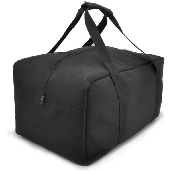 A black duffle bag with dual handles and a zippered top. It features a main compartment and has a logo.