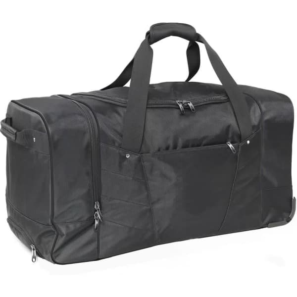 A large black wheeled bag with multiple compartments and handles for easy transport. It features a logo.