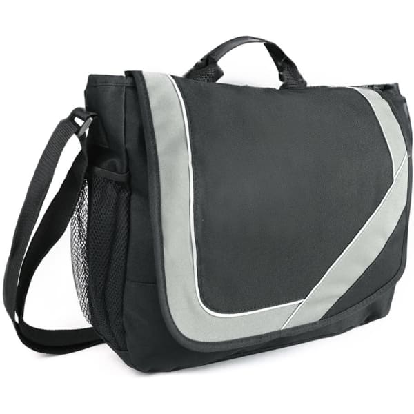 A black satchel-style bag with grey accents, featuring a shoulder strap and a mesh pocket on the side.