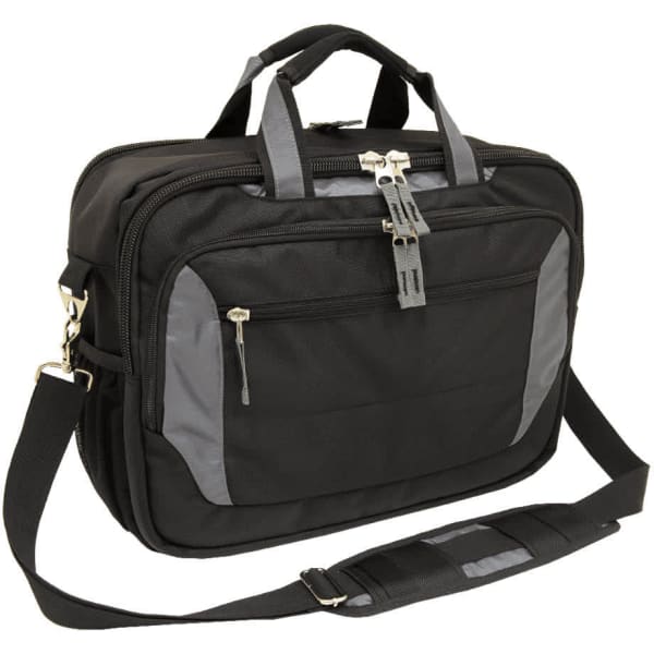 A black laptop bag with grey accents, featuring multiple compartments and a detachable shoulder strap.