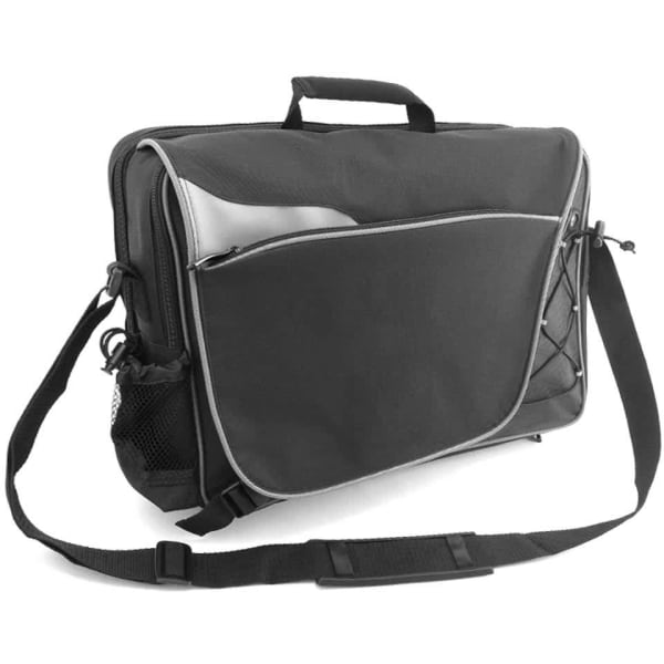 A black laptop bag with a front pocket, adjustable strap, and a handle. It features mesh detailing and a logo.