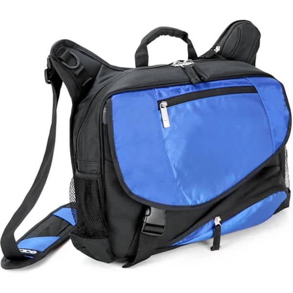 A wheeled bag featuring a black and cobalt blue design, with multiple compartments and a logo.