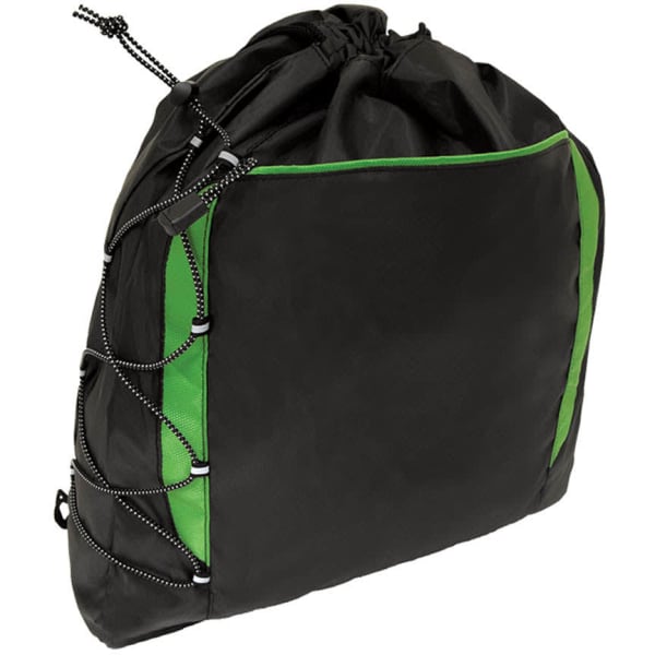 A black drawstring bag with green accents, featuring a cinch closure and a side pocket with a logo.