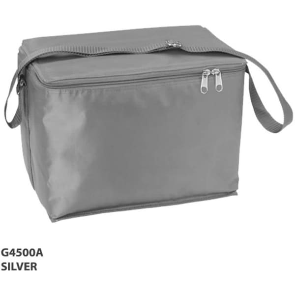 A silver cooler bag with a zippered top, featuring a shoulder strap and a logo on the side.