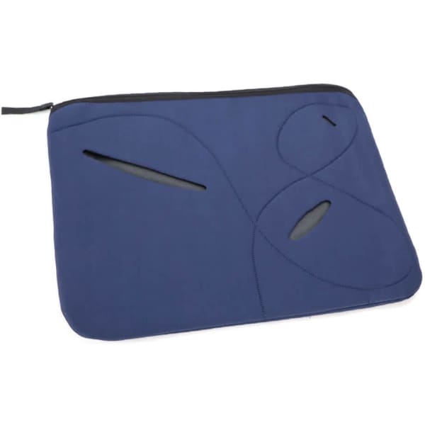 A navy blue laptop sleeve with unique cut-out designs and a zip closure, featuring a logo.