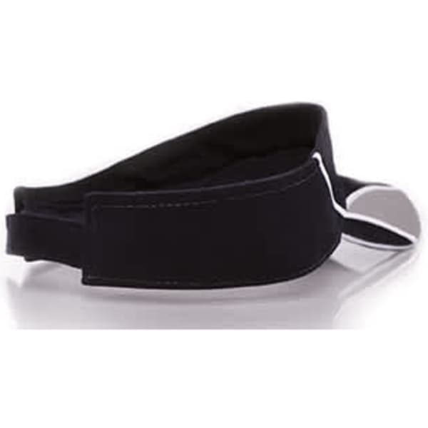 A black visor with a curved brim and an adjustable strap. It features a logo on the side.