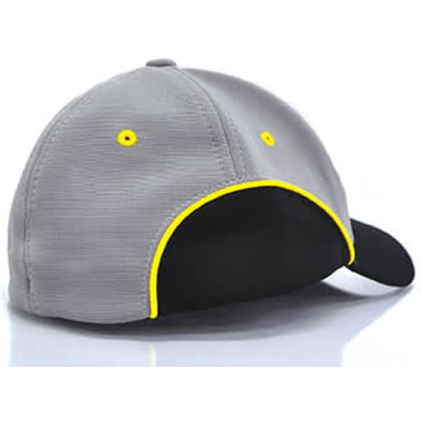 A grey cap with a black brim and yellow accents. The cap features a logo on the side.
