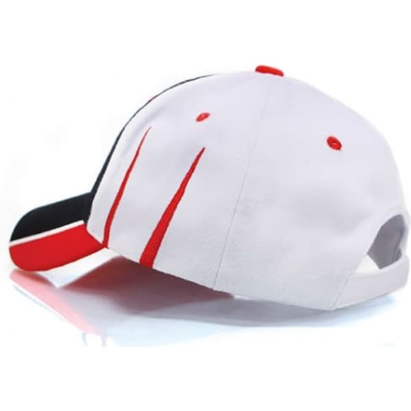 A cap featuring a white base with red and black accents, including a logo on the side.