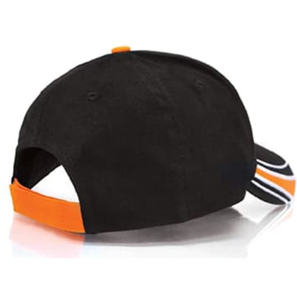 A black cap with an orange accent and a logo on the back, featuring a curved brim and adjustable strap.