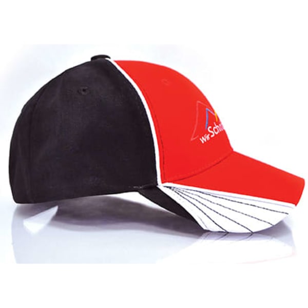 A cap featuring a red front and black sides, with a white peak and a logo on the front.
