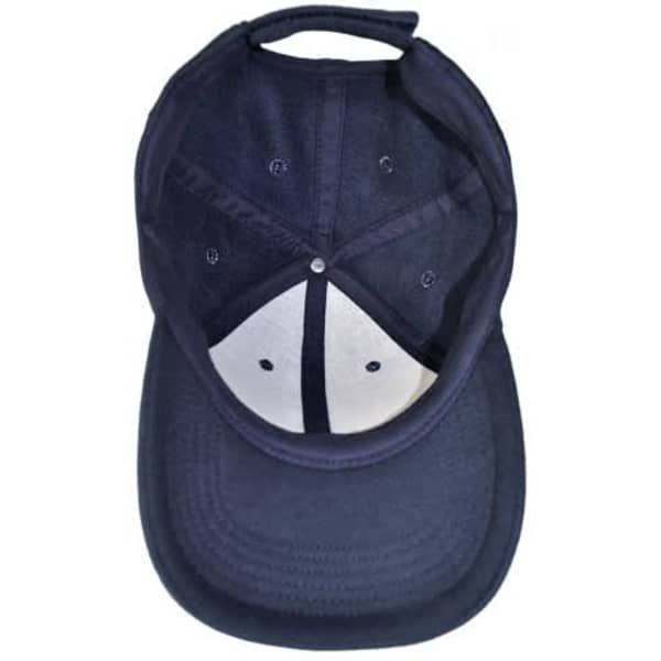 A navy blue cap featuring a structured design and a button at the top, with an inner lining visible.