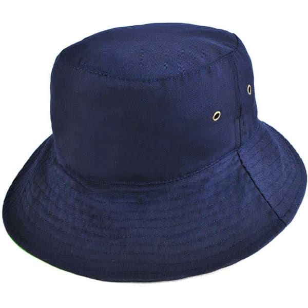 A reversible bucket hat in navy blue featuring eyelets and a textured brim. It has a simple design with no visible logo.