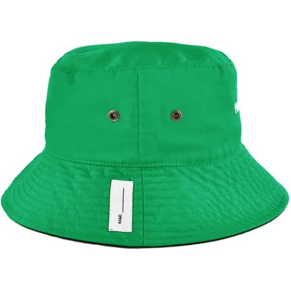A green reversible bucket hat with a logo, featuring eyelets for ventilation and a wide brim.