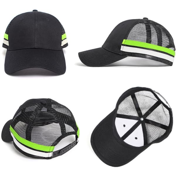 A black trucker cap with a mesh back and green stripes, featuring a logo on the front panel.
