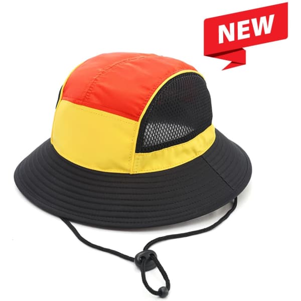 A panelled bucket hat in red, yellow, and black with a chin rope and mesh sections. It features a logo.