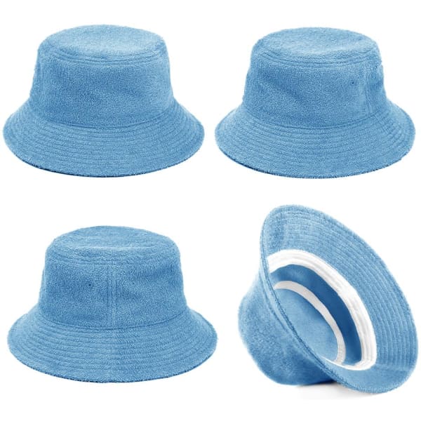 A blue Terry Towelling bucket hat featuring a soft texture and a white interior band, with multiple angles shown.