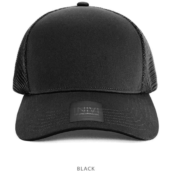 A black cap with a mesh back and a logo on the front. Suitable for casual wear.
