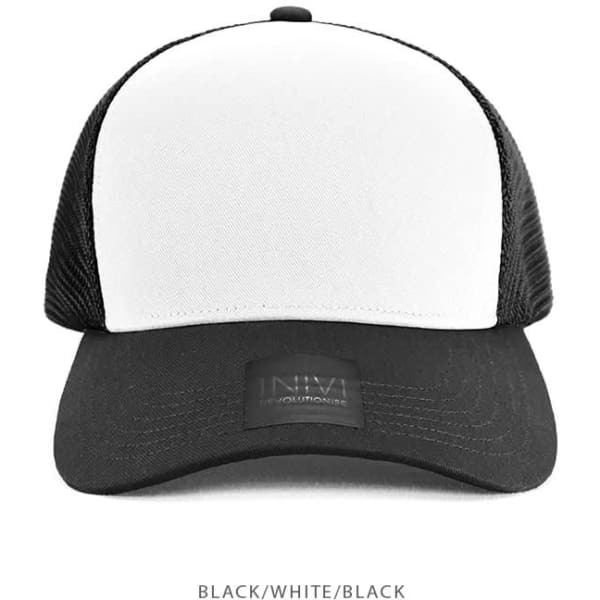A black and white cotton/mesh cap featuring a solid front panel and a mesh back, with a logo on the front.