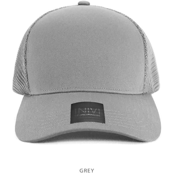 A grey cap with a mesh back and a logo on the front.