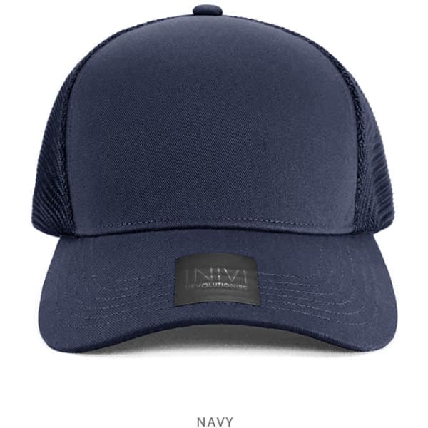 A navy cap featuring a cotton and mesh design and includes a logo on the front.