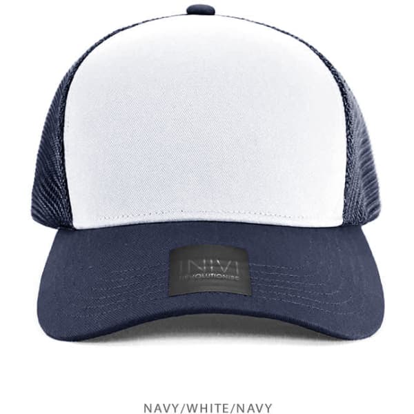 A navy and white cotton/mesh cap featuring a logo, with a structured front and mesh back.