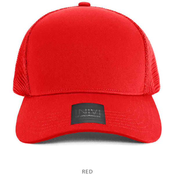 A red cotton and mesh cap featuring a logo on the front.