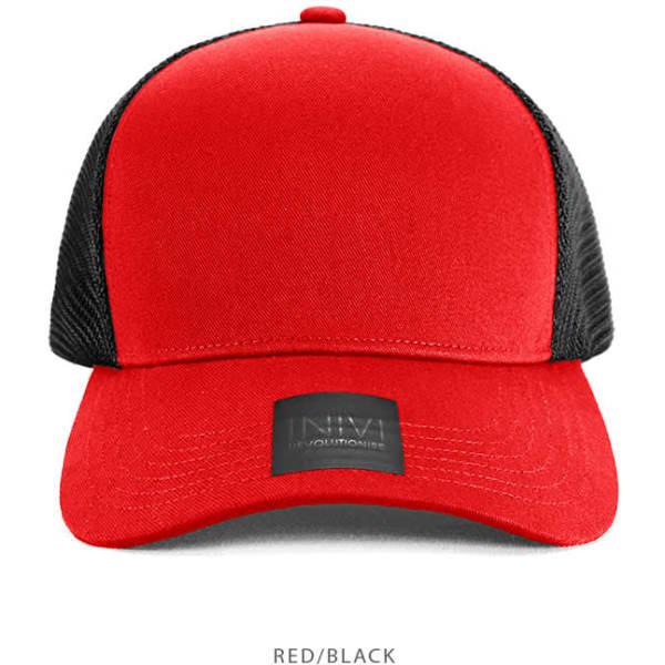 A red and black cap with mesh panels and a logo on the front.