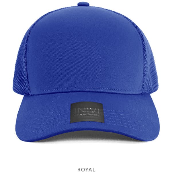 A royal blue cap with a mesh back and a branded label at the front.