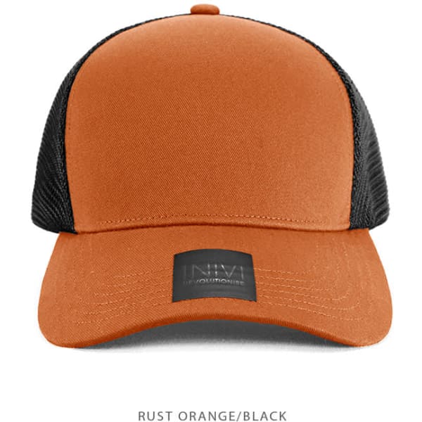 A rust orange and black cap featuring a mesh back and a logo on the front.