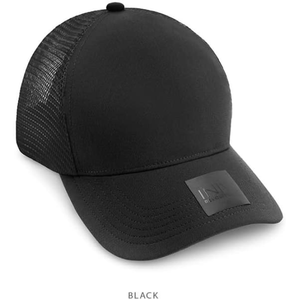 A black trucker cap made from polyester and mesh, featuring a logo on the front.