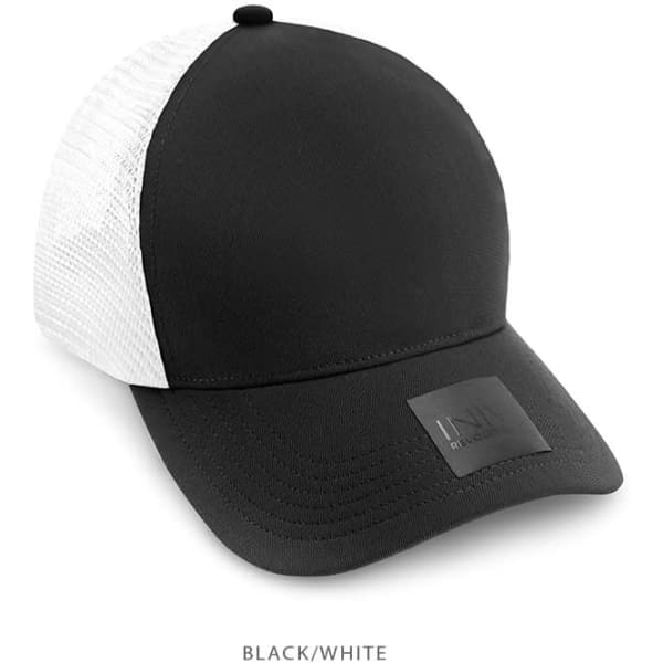 A black and white trucker cap made of polyester and mesh, featuring a logo on the front.