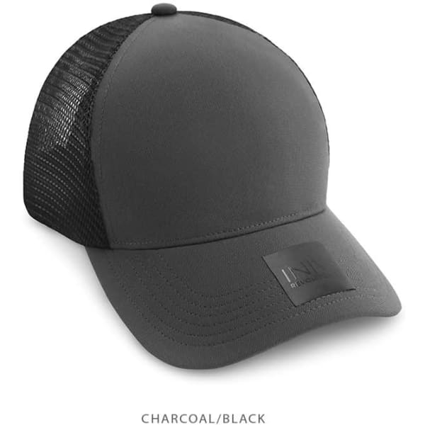 A trucker cap in charcoal and black, featuring a mesh back and a logo on the front.