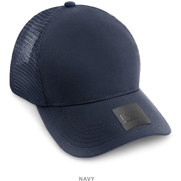 A navy trucker cap featuring a mesh back and a logo patch on the front.