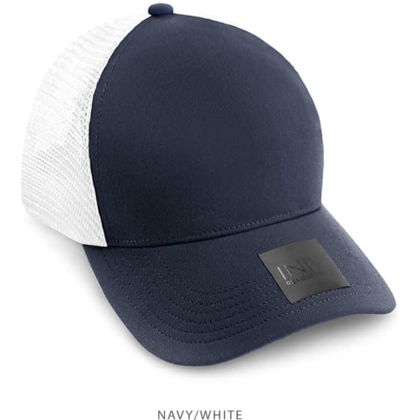 A navy and white trucker cap featuring a mesh back and a logo on the front.