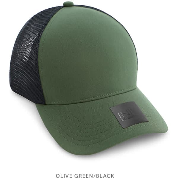 An olive green and black trucker cap with a mesh back and a logo on the front.
