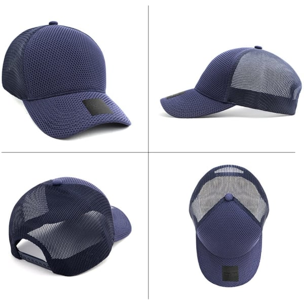 A navy nylon and mesh cap featuring a logo, with panels for breathability and an adjustable strap.