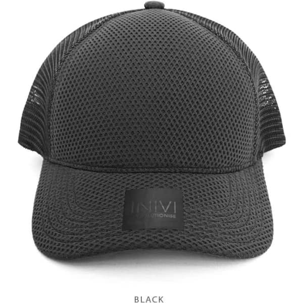 A black nylon/mesh cap with a structured front and a breathable mesh rear, featuring a logo on the front.