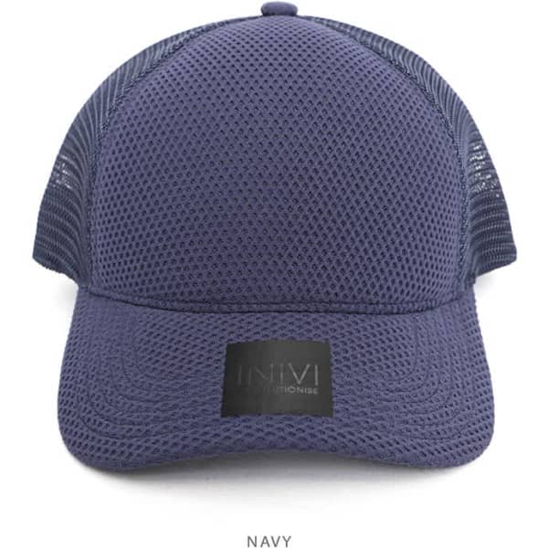 A navy cap featuring a mesh design and a logo on the front. The cap has a structured shape with a curved brim.