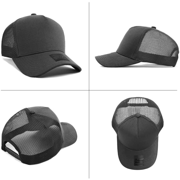 A black cotton and mesh cap with a curved brim and a logo on the front. It features a mesh back for ventilation.