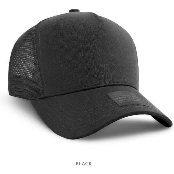 A black cotton and mesh cap featuring a logo and a structured design.